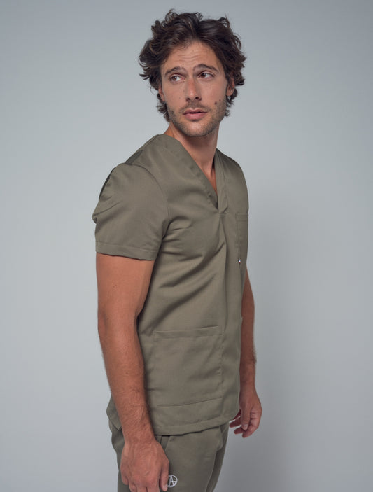 Blouse homme à trois poches et col en V kaki Hermès