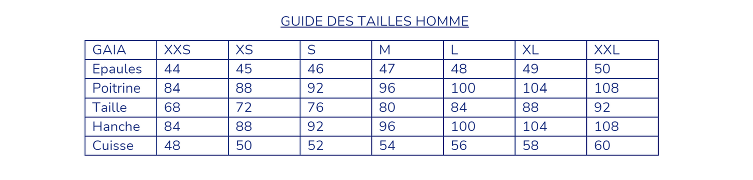 Guide des tailles Homme GAIA